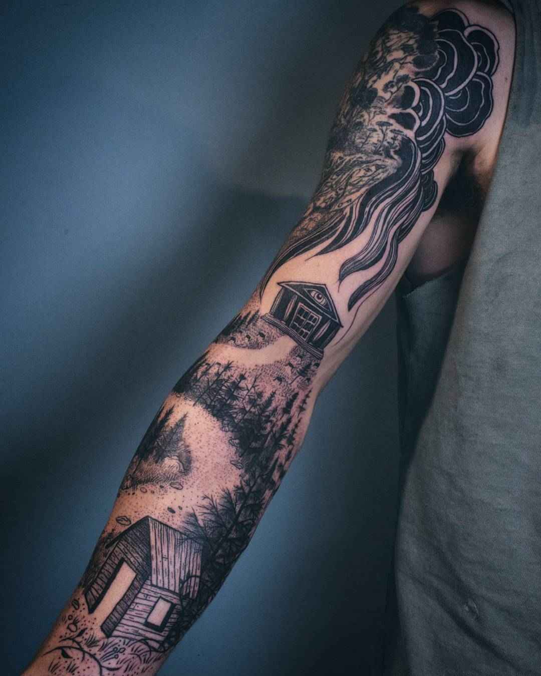 Tattoo artist Noel'le Longhaul (Loone) authors blackwork tattoo, witch, horror, etching, engraving | USA