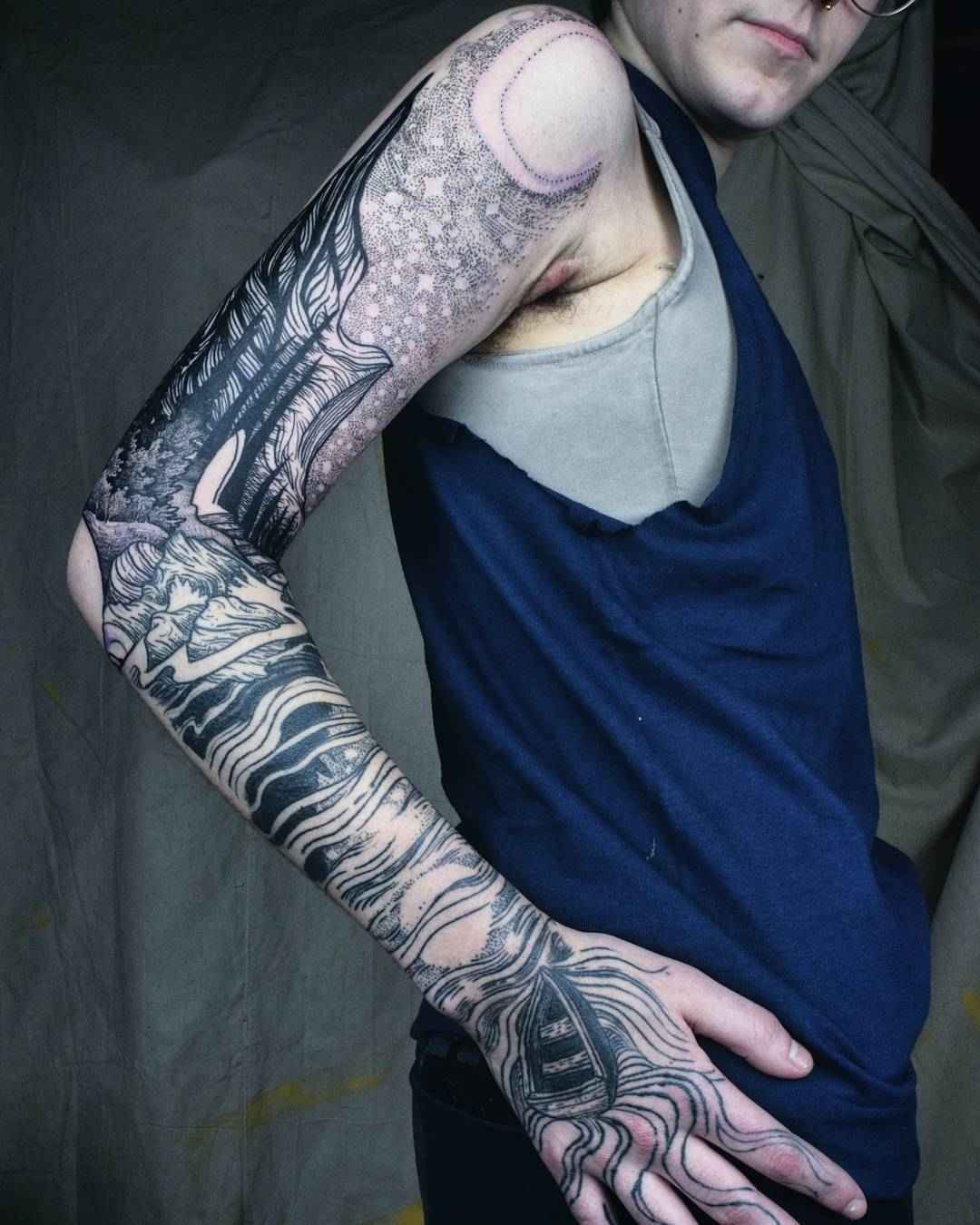 Tattoo artist Noel'le Longhaul (Loone) authors blackwork tattoo, witch, horror, etching, engraving | USA