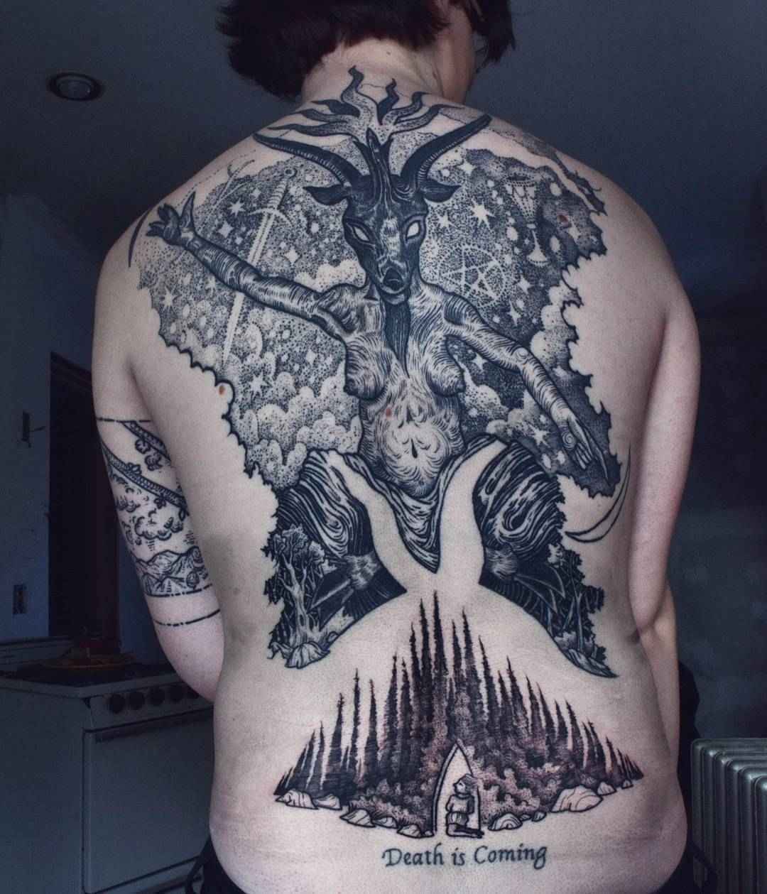 Tattoo artist Noel'le Longhaul (Loone) authors blackwork tattoo, witch, horror, etching, engraving | USA