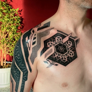 Male Black Linework tattoo on Breast #67976 | Tattoo Artist Ioann Leo ( LEO-VAN )