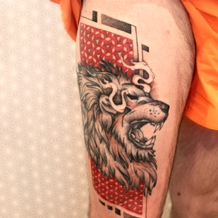 Male  Graphic tattoo on Thigh #68037 | Tattoo Artist Ioann Leo ( LEO-VAN )