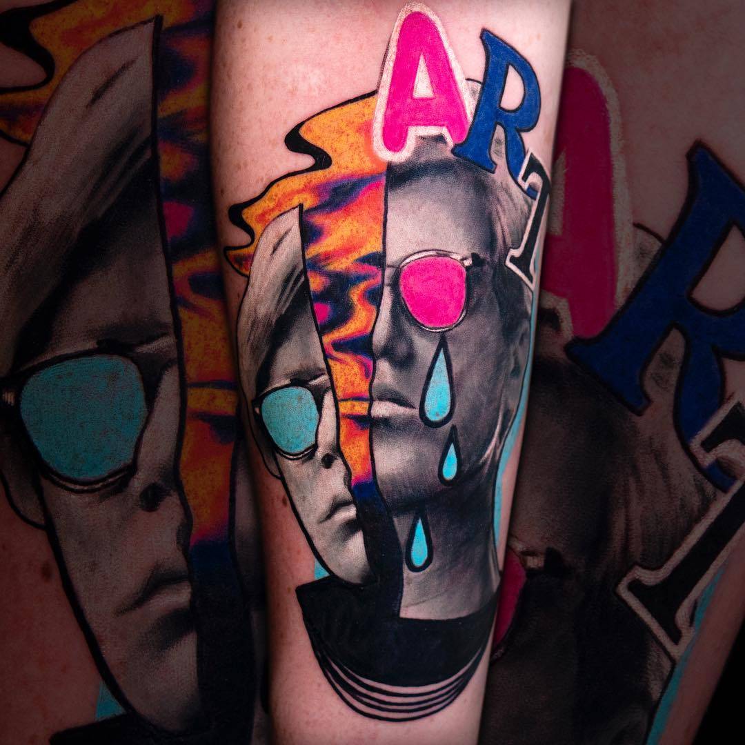 Luca Font - colorful combines of cubism and primitive in tattoo