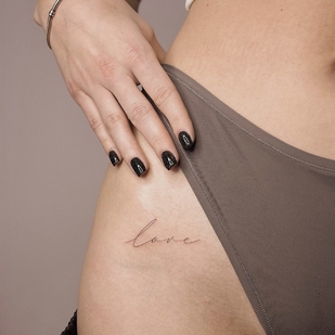 Female Black Fineline tattoo on Thigh #69666 | Tattoo Artist Anastasiya Kovyazina