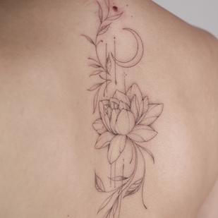 Female Black Fineline tattoo on Back #69650 | Tattoo Artist Anastasiya Kovyazina