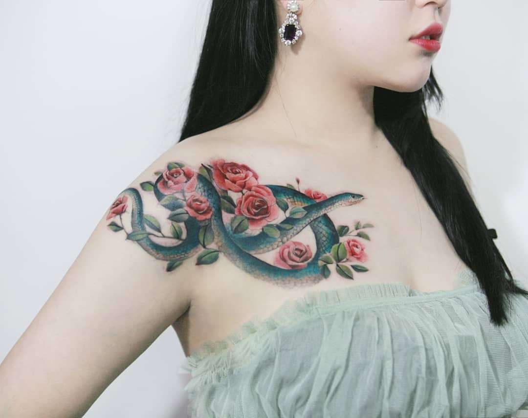 Tattoo artist 시온, authors style color realistic flowers tattoo, minimalism | South Korea