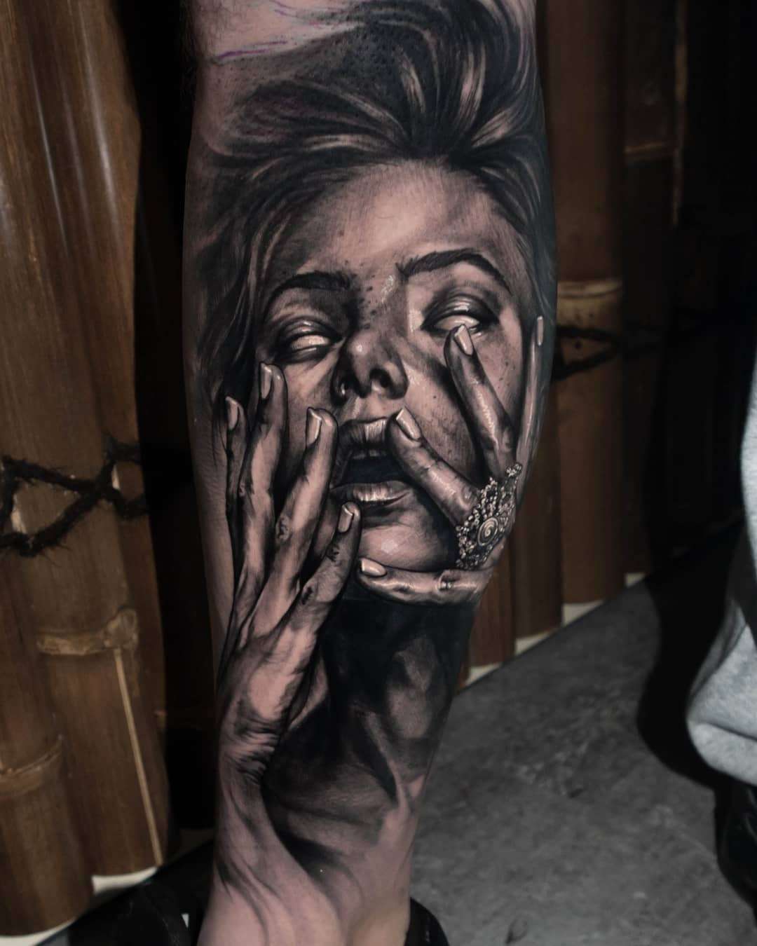 Tattoo artist Jayden Pengilly, color and black&grey authors portrait realism tattoo, surrealism | Australia