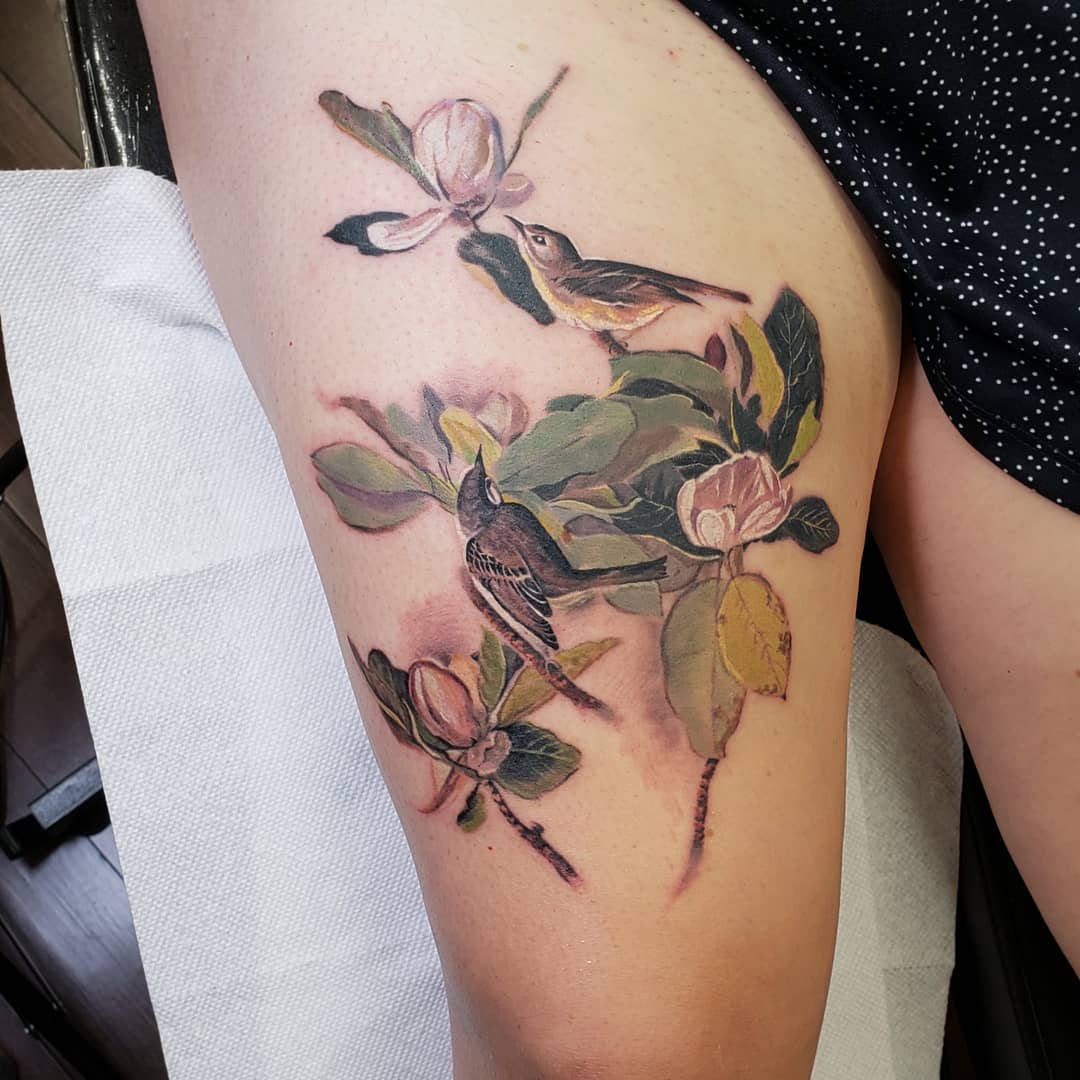 Tattoo artist Pete Zebley, color watercolor flower tattoo for girls | United States