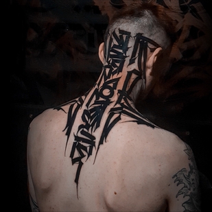 Male Black Lettering tattoo on Neck #55694 | Tattoo Artist Igor Klimin