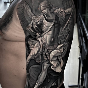 Male Black and Grey Cover-up tattoo on Shoulder #70305 | Tattoo Artist Kirill Antique