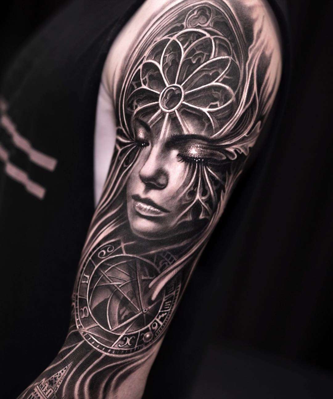 Tattoo artist Mumia, authors style black&grey portrait surrealistic realism tattoo | Denmark