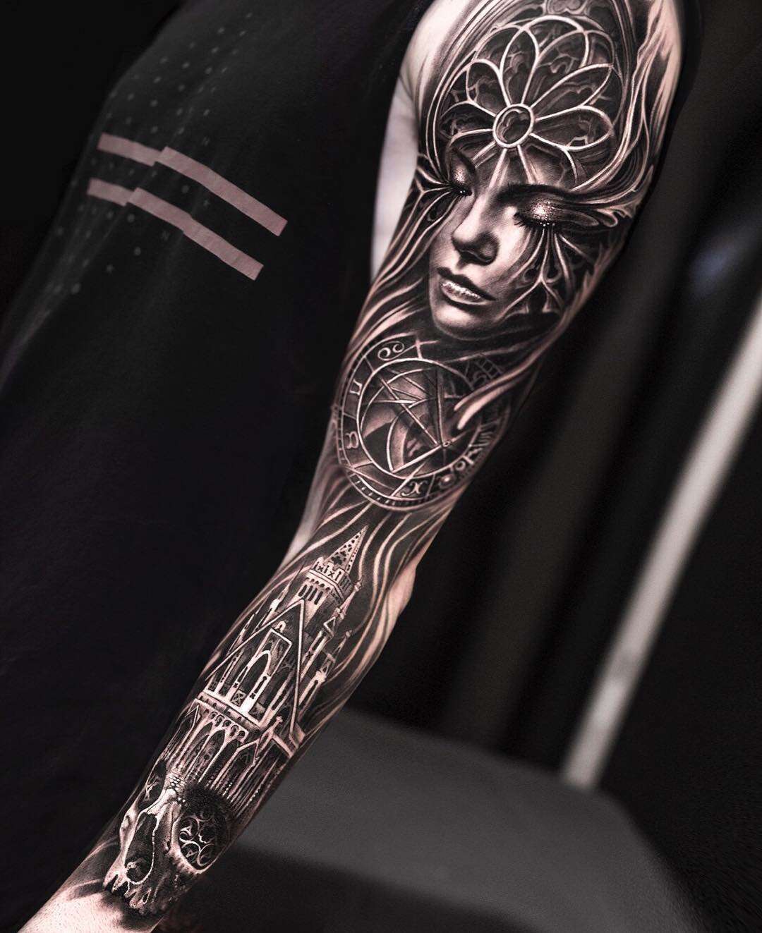 Tattoo artist Mumia, authors style black&grey portrait surrealistic realism tattoo | Denmark