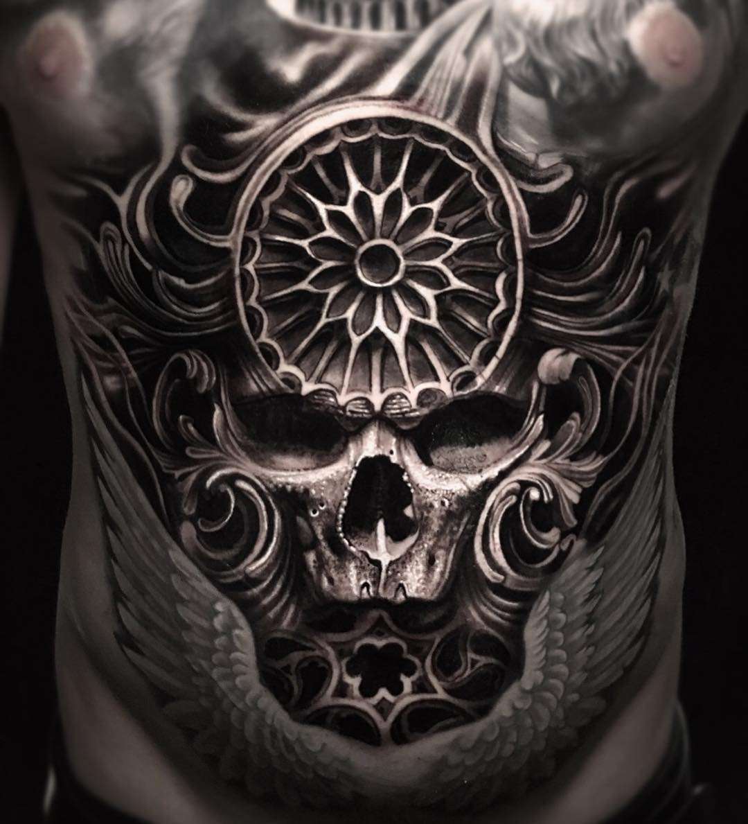 Tattoo artist Mumia, authors style black&grey portrait surrealistic realism tattoo | Denmark