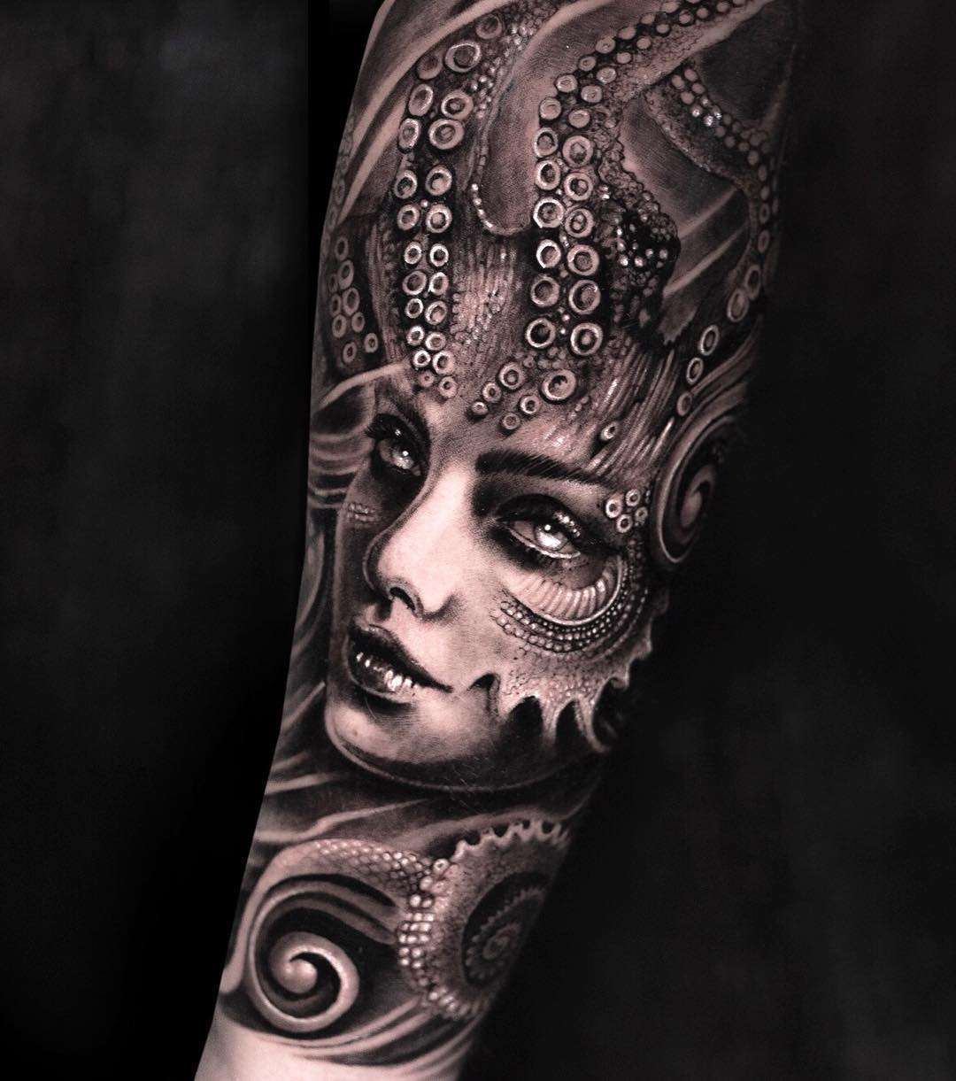 Tattoo artist Mumia, authors style black&grey portrait surrealistic realism tattoo | Denmark
