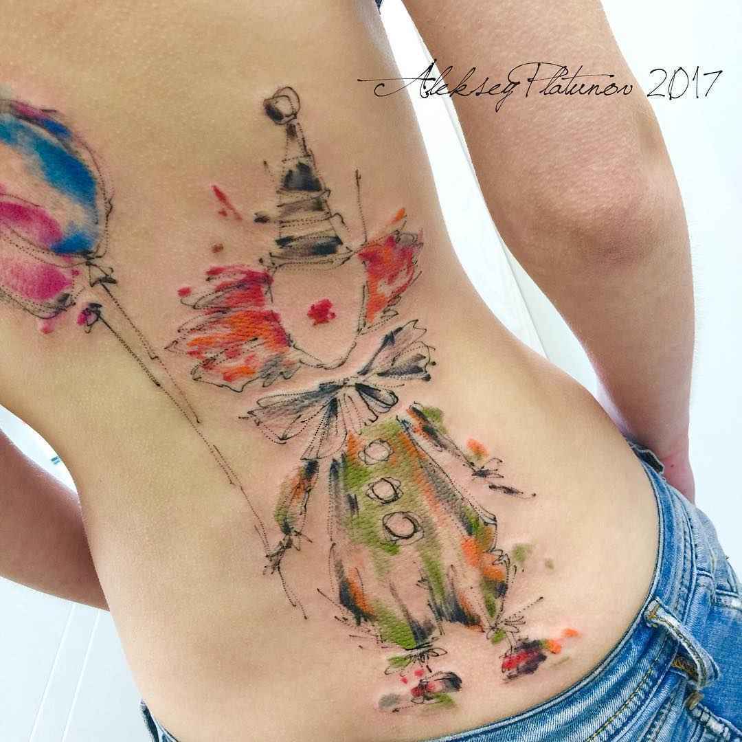 Tattoo artist Aleksey Platunov color art brut watercolor sketch tattoo