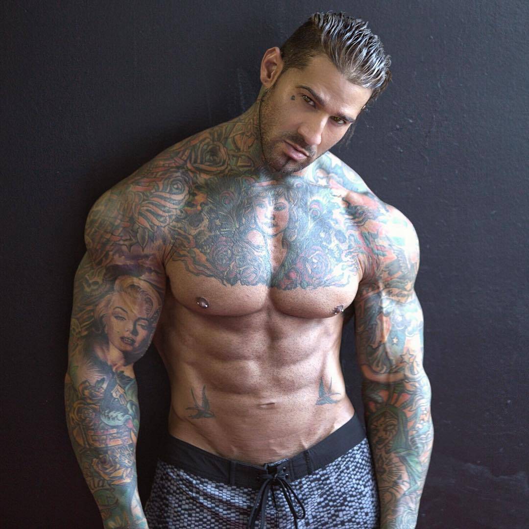 Tattooed model Michael Giovanni Rivera, male photo model, tattooed man | USA