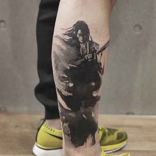 Black Watercolor tattoo on Leg #14335 | Tattoo Artist Chen Jie