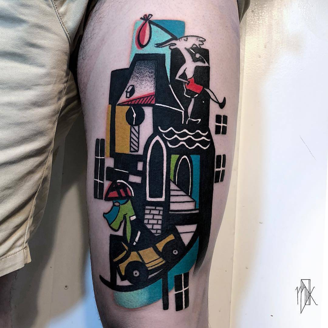 Tattoo artist Marta Kudu, authors style color design tattoo,  cubism | Warsaw, Poland 