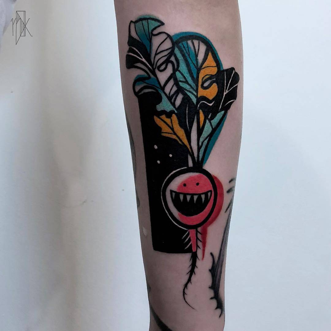 Tattoo artist Marta Kudu, authors style color design tattoo,  radish | Warsaw, Poland 