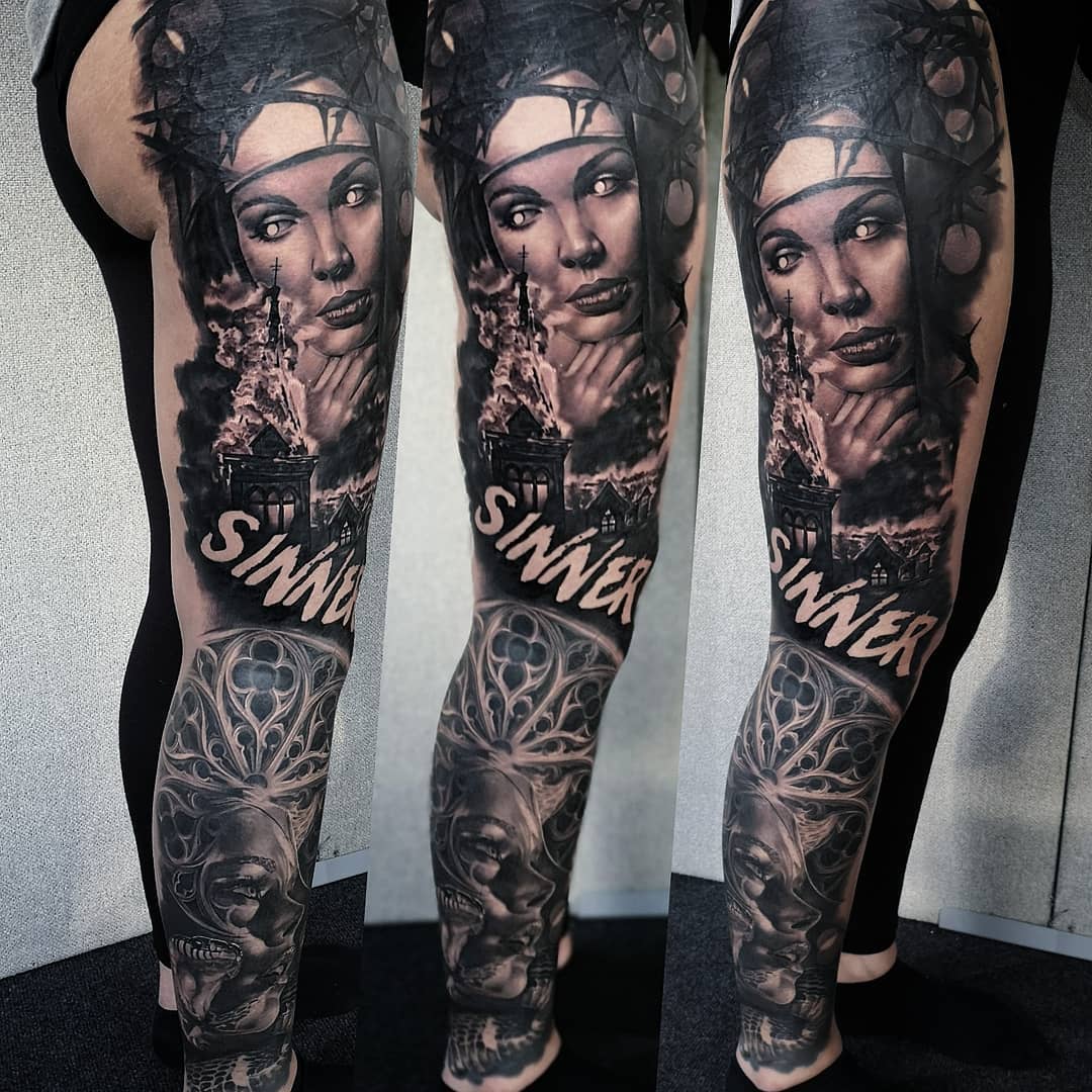 Tattoo artist Nick Imms, authors black and grey portrait tattoo realism | United Kingdom
