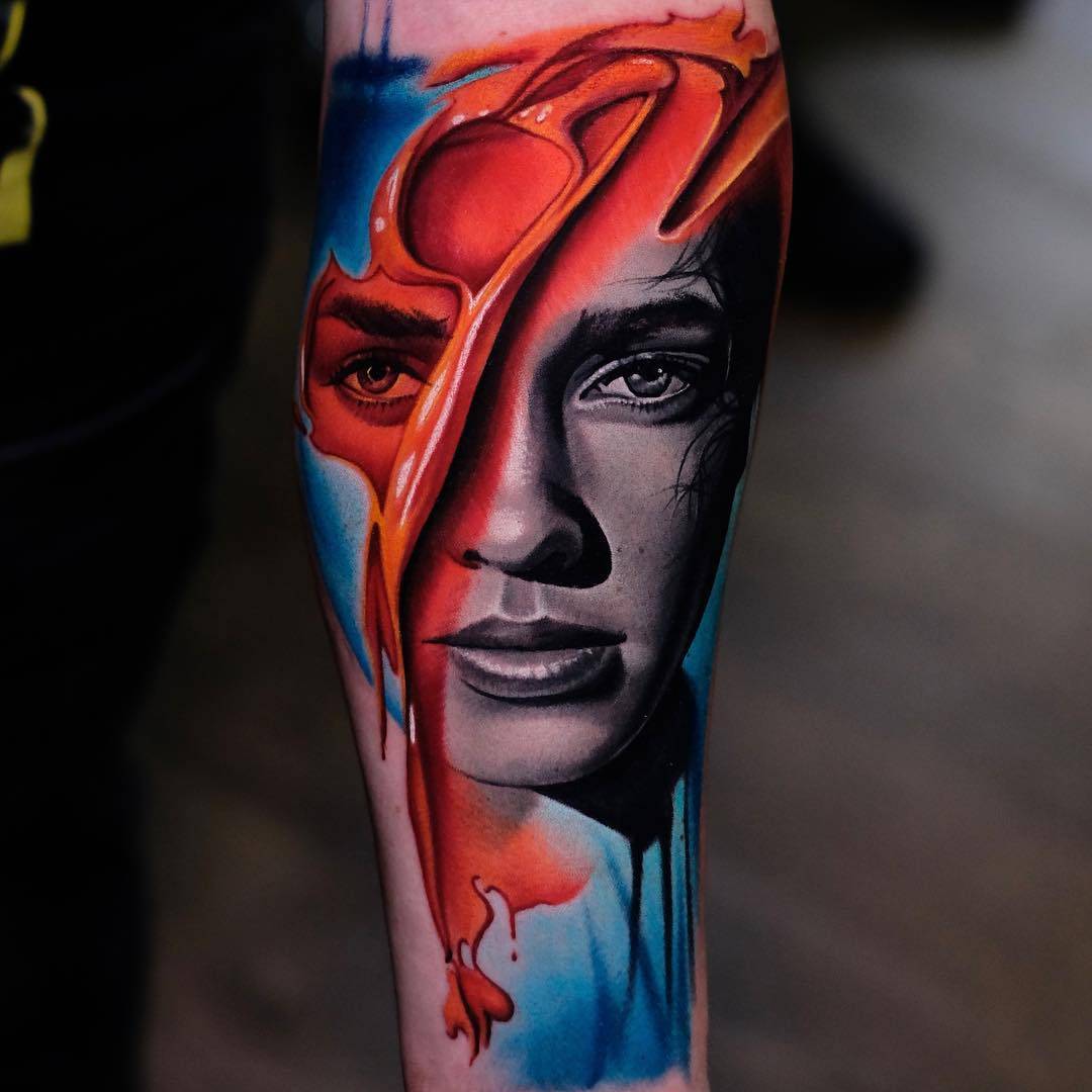 Tattoo artist Volkan Demirci, authors style color surrealistic portrait tattoo | Ushuaia Tattoo London
