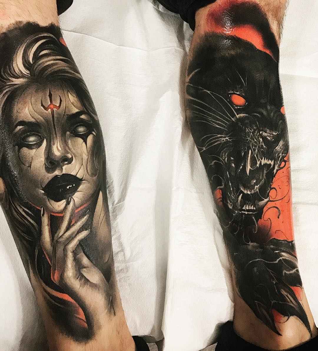 Tattoo artist Brandon Herrera authors color and black&grey horror realistic tattoo