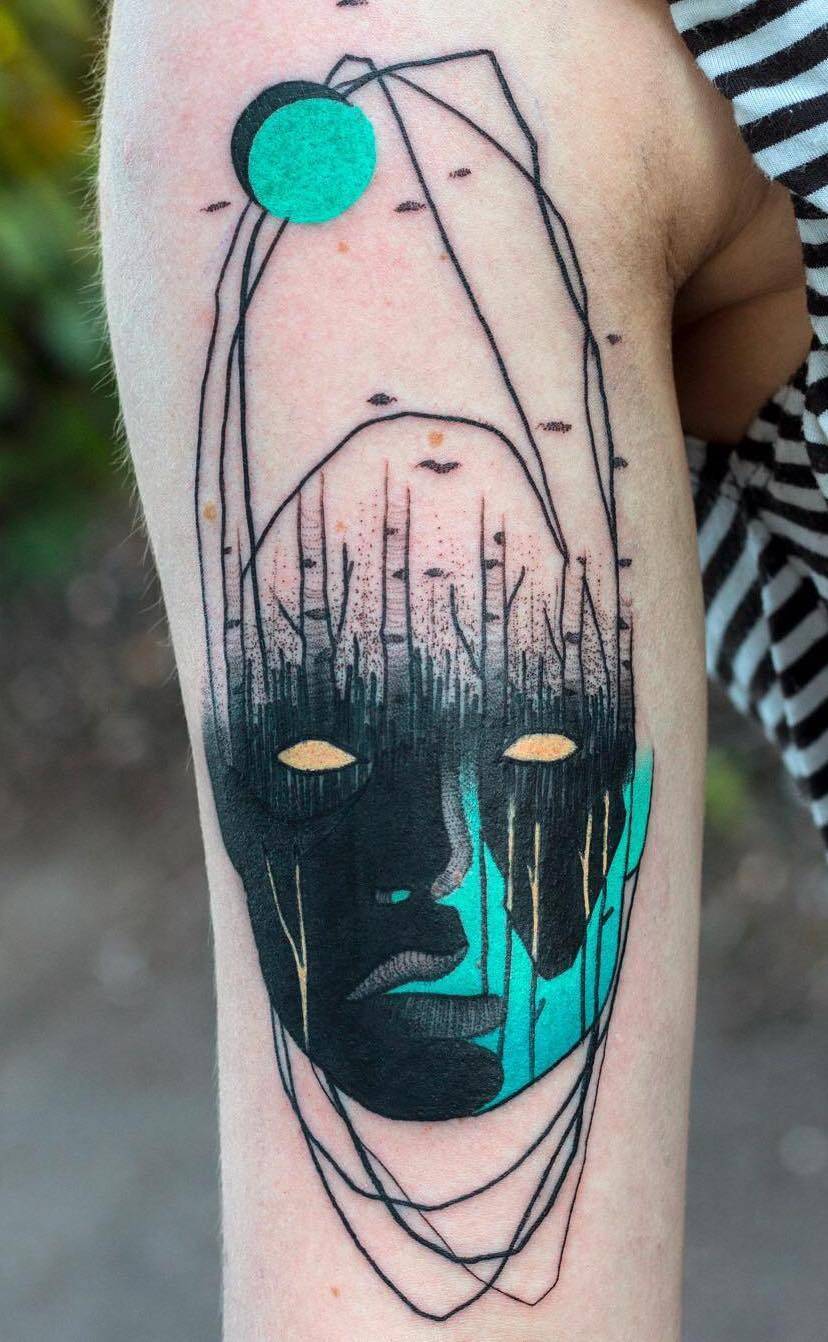 Tattoo artist Mike Kyrtatas, authors style color and black surrealistic sketch tattoo | United Kingdom
