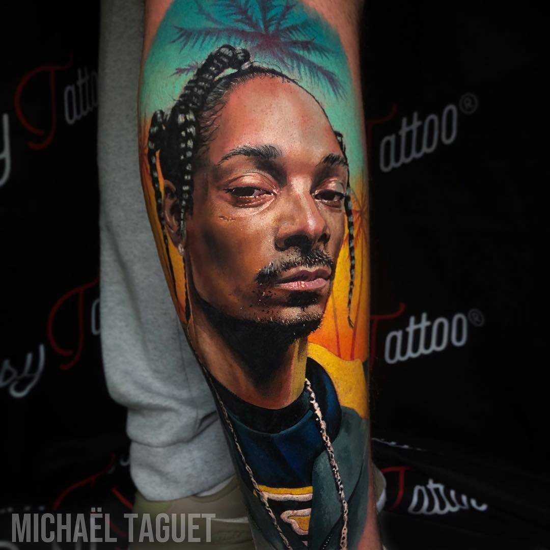 Tattoo artist Michael Taguet, Snoop Dog - color portrait tattoo realism
