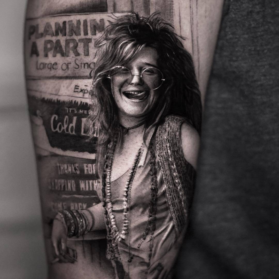 Tattoo artist Inal Bersekov, Janis Joplin - black&grey portrait tattoo realism