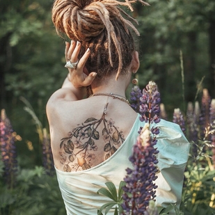 Female Color Botanical tattoo on Back #44759 | Tattoo Artist Aleksandra Vorobeva