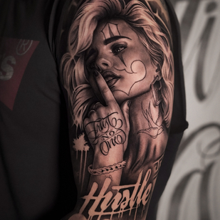 Male Black and Grey Chicano tattoo on Shoulder #75920 | Tattoo Artist Sasha Hugo