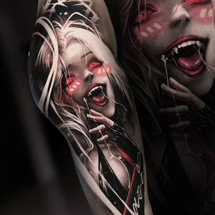 Female Black and Grey Realism tattoo on Thigh #76249 | Tattoo Artist Vasilisa Levart