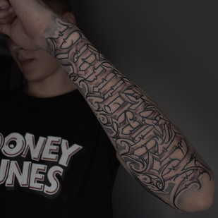 Male Black and Grey Lettering tattoo on Forearm #76661 | Tattoo Artist Artem Ander