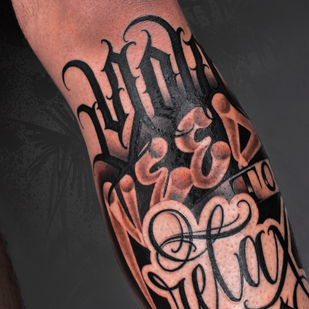 Male Black and Grey Lettering tattoo on Shin #76667 | Tattoo Artist Artem Ander