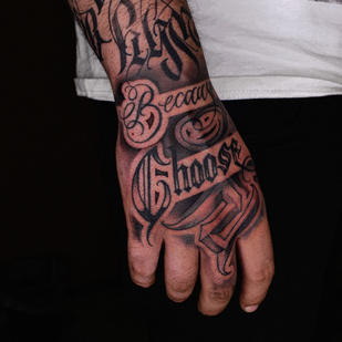 Male Black and Grey Lettering tattoo on Palm #76671 | Tattoo Artist Artem Ander