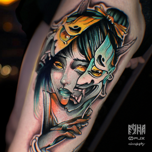 Male Color Neo-traditional tattoo on Thigh #77726 | Tattoo Artist Dmitriy Klaud