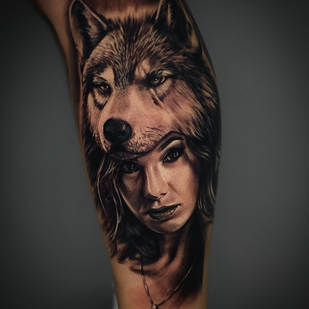Male Black and Grey Portrait tattoo on Shin #77812 | Tattoo Artist Aleksey Titov