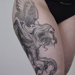 Black Graphic tattoo on Thigh #80694 | Tattoo Artist Anastasia Veresktt