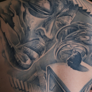 Male Black and Grey Surrealism tattoo on Back #81832 | Tattoo Artist Roman Zakharchenko