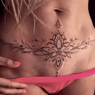 Female Black Ornamental tattoo on Stomach #82440 | Tattoo Artist Sergey Anuchin