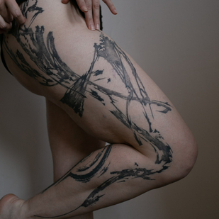 Female Black Abstract tattoo on Thigh #82894 | Tattoo Artist Mary Nepostaeva