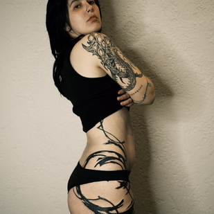 Female Black Abstract tattoo on Thigh #82899 | Tattoo Artist Mary Nepostaeva