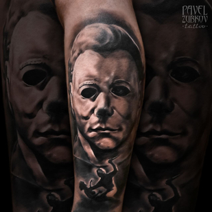 Male Black and Grey Portrait tattoo on Shin #82995 | Tattoo Artist Pavel Zubkov