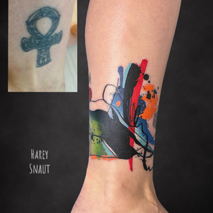Female Color Cover-up tattoo on Leg #85350 | Tattoo Artist Harey Snaut