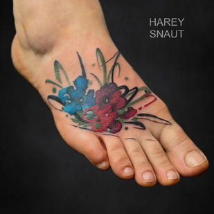 Male Color Watercolor tattoo on Foot #85351 | Tattoo Artist Harey Snaut