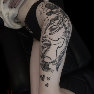 Female Black and Grey Chicano tattoo on Thigh #90856 | Tattoo Artist Max Hyde