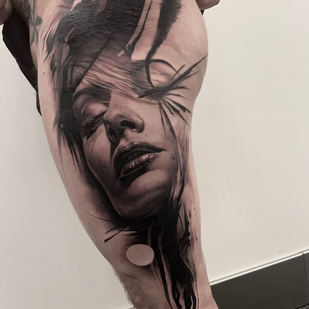 Male Black and Grey Realism tattoo on Thigh #86075 | Tattoo Artist Michelle Vestergård Andersen