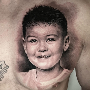 Male Black and Grey Portrait tattoo on Breast #86082 | Tattoo Artist Michelle Vestergård Andersen