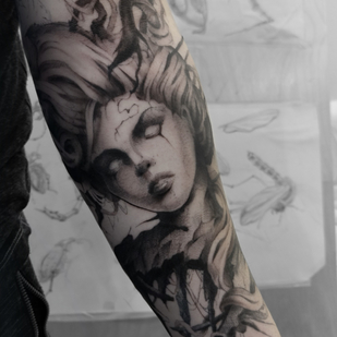 Male Black and Grey Graphic tattoo on Forearm #87588 | Tattoo Artist Redz Roman