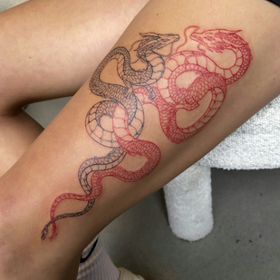 Male Black Fineline tattoo on Thigh #85767 | Tattoo Artist Saskia Patrice