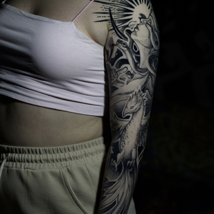 Female Black and Grey Graphic tattoo on Sleeve #84277 | Tattoo Artist Andrey Indigo